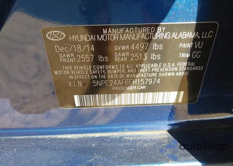 2015 Hyundai Sonata Se from USA, damaged, VIN 5NPE24AF6FH157974